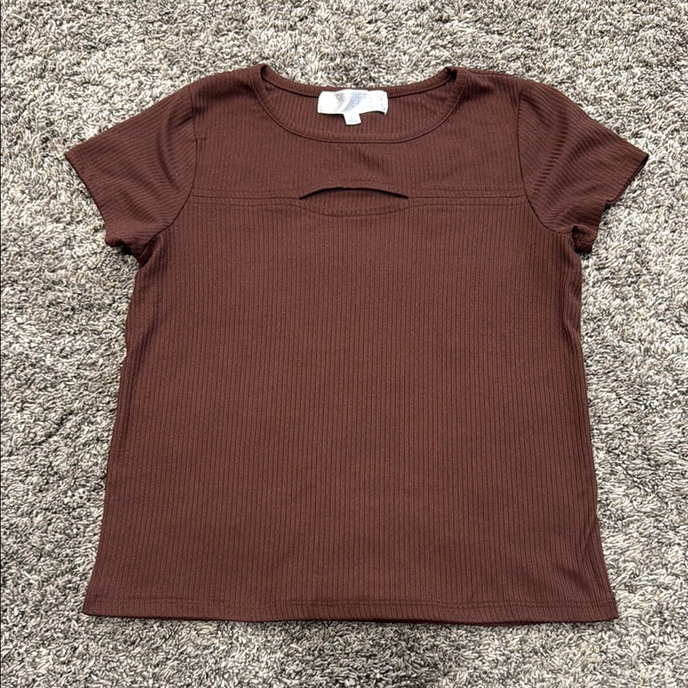 Brown Ribbed Short Sleeve T-Shirt with Cut Out Size L